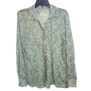 Maurices Green Paisley Roll Tab Sleeve Smocked Button Down Shirt Women's Size XL
